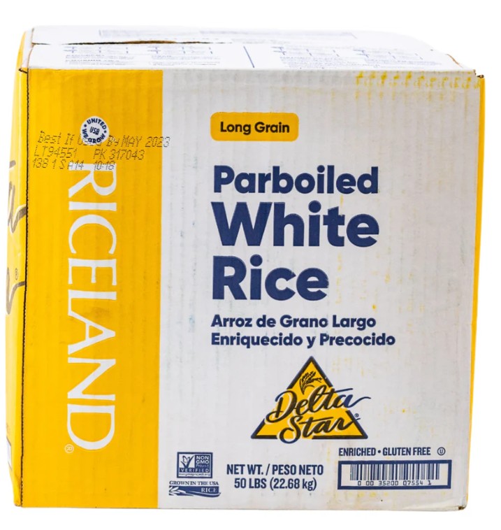 Box of Riceland Parboiled White Rice with yellow and white design
